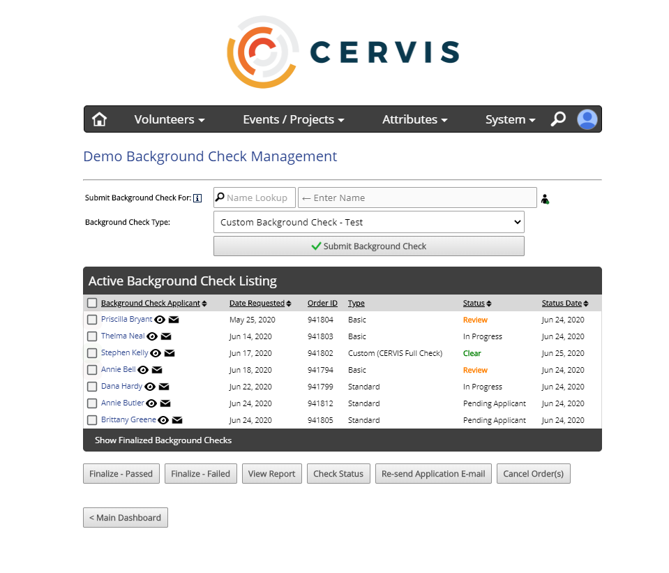 CERVIS dashboard